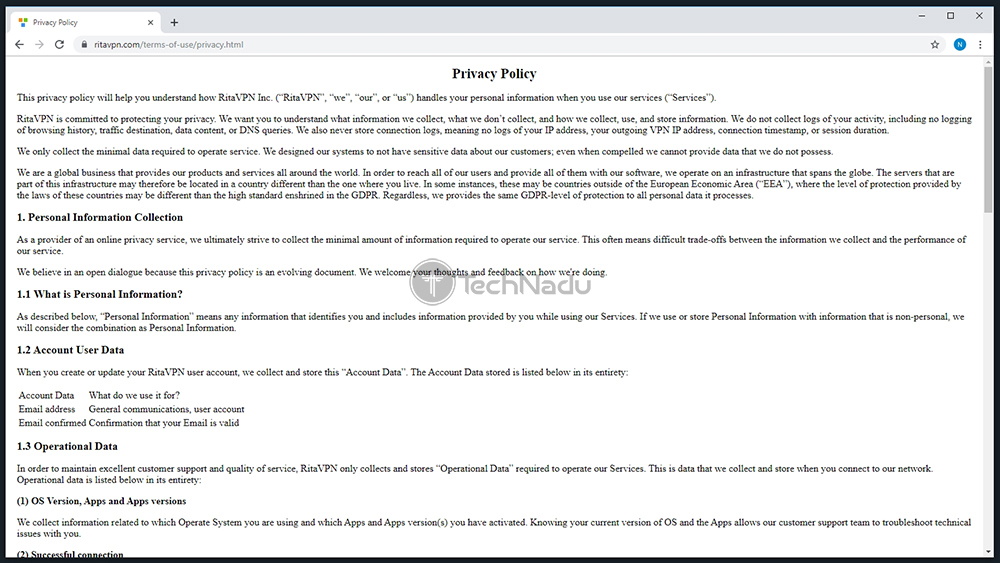 خط مشی رازداری RitaVPN