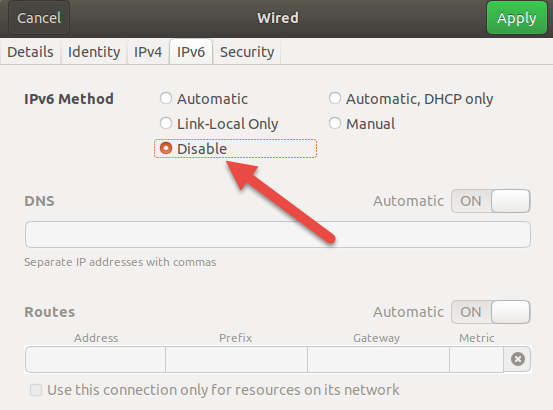  دکمه IPv6 را غیرفعال کنید 