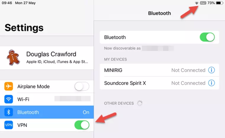  نوار اطلاع رسانی که نشان می دهد VPN وصل شده است 