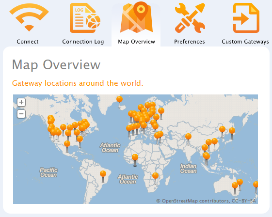  برنامه VPN که مکان سرورهای VPN را نشان می دهد 