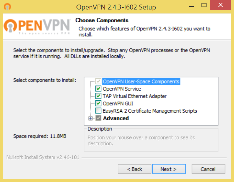  OpenVPN 2.4.3 - مؤلفه هایی را برای نصب 