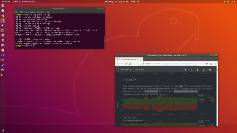 رابط WireGuard ، با یک پنجره Firefox به شبکه های netdata. 