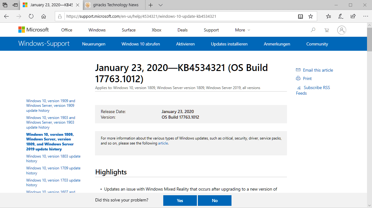 Microsoft releases KB4534321 and KB4534308 for Windows 10 version 1809 and 1803
