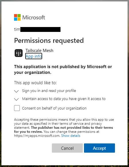  ورود به سیستم Tailscale با Azure AD این گفتگو را ارائه می دهد "title =" ورود به سیستم Tailscale با Azure AD این گفتگو را "ارتفاع =" 581 "عرض =" 450 "/> ارائه می دهد.


<p class=